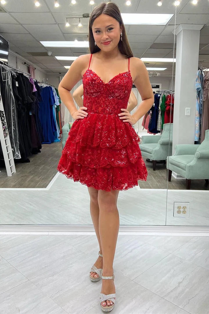 Sequin Lace Corset Bodice Tiered Homecoming Dress