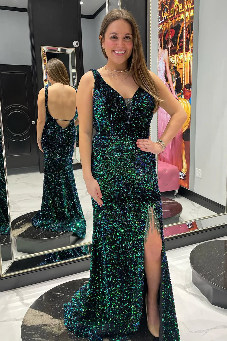 Sequin Plunge V Backless Mermaid Long Prom Dress with Tassel