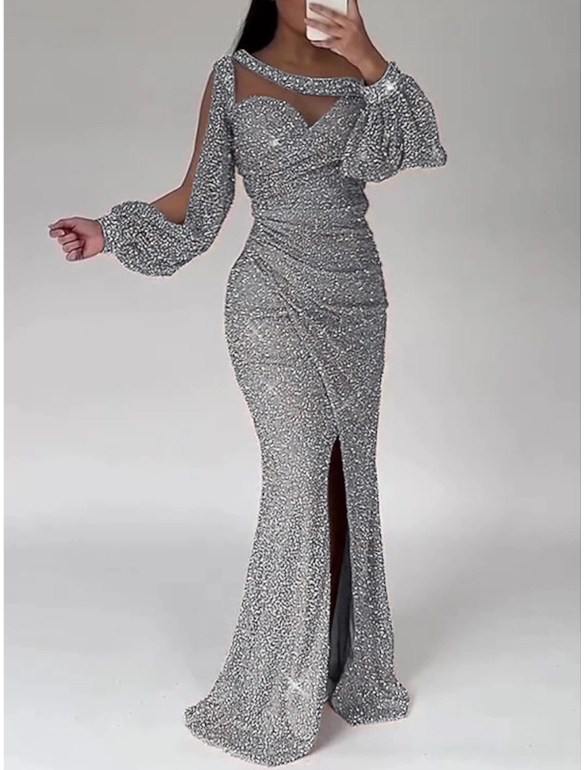 Sleek Glitter Sparking Evening Gown Floor Length Formal Dress Long Sleeve Scoop Neck Prom Dress with Ruched Slit