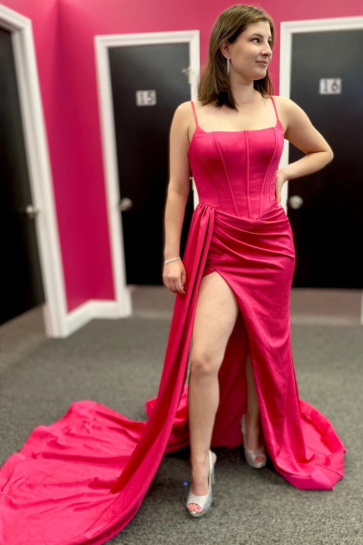 Square Neck Ruched Long Prom Dress with Slit