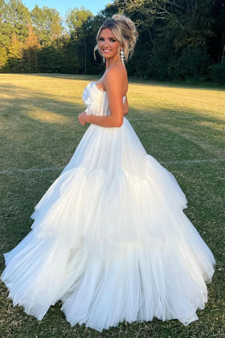 Ball Gown Sweetheart Off-the-Shoulder White Tulle Long Prom Dresses