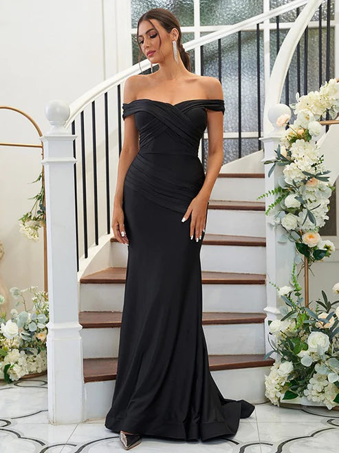 Sheath/Column Jersey Ruched Off-the-Shoulder Sleeveless Sweep/Brush Train Bridesmaid Dresses Party Dresses Wedding Guest Dresses