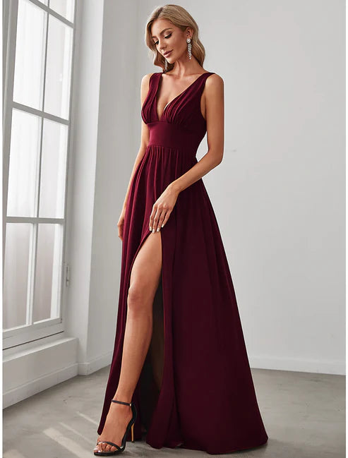 A-Line Prom Party Dress High Split Dress Wedding Guest Formal Evening Floor Length Sleeveless V Neck Bridesmaid Dress Chiffon V Back with Slit