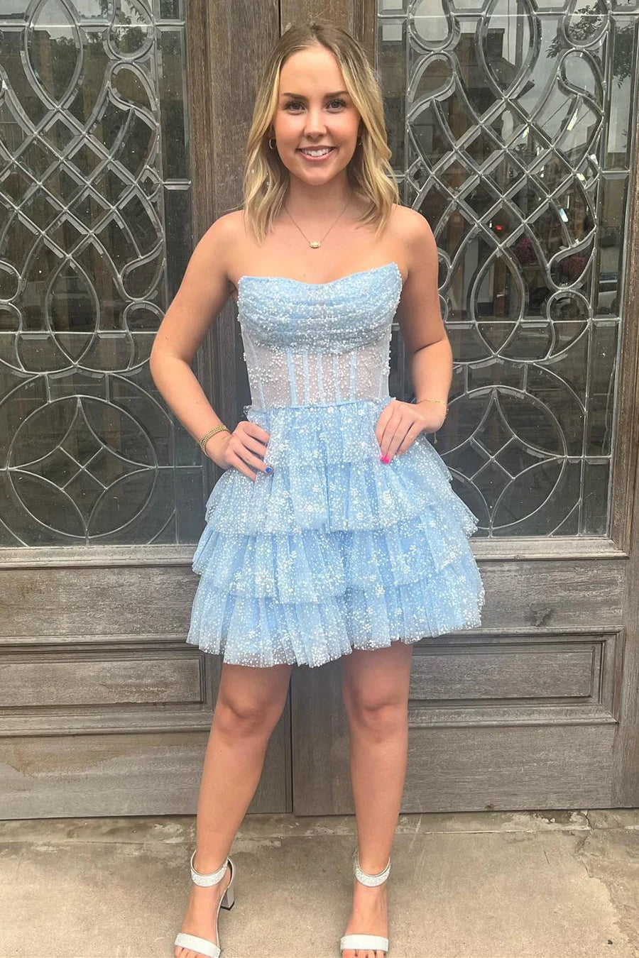 Tulle Beaded Strapless Tiered Short Gown