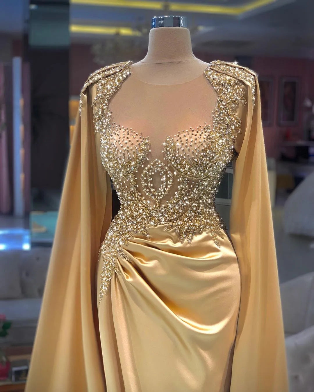 Sheath Elegant Sweep/Brush Train Dresses Champagne Gold Long Sleeves Long Prom Dress With Beading Embroidery