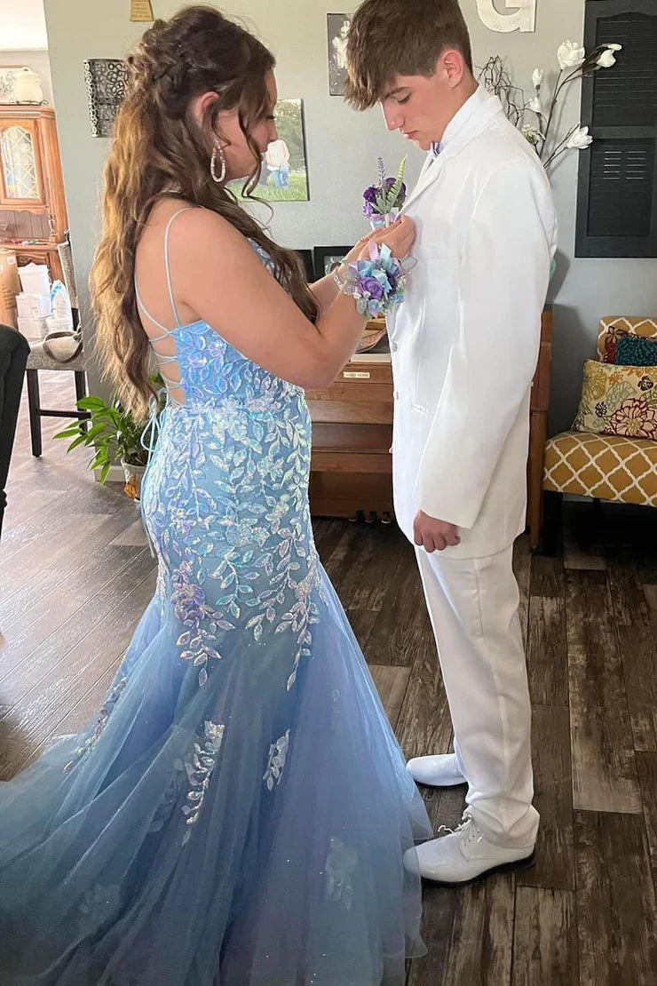 Cute Mermaid V Neck Spaghetti Strap Light Blue Sequins Long Prom Dresses