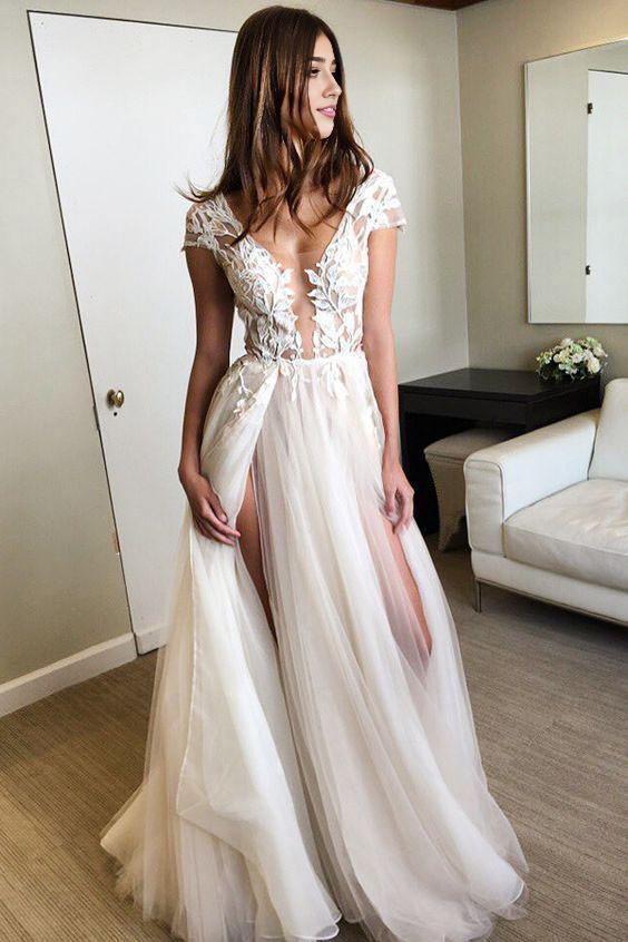 A Line Wedding Dresses Cap Sleeve Deep V-neck Prom Dress Backless Sweep/Brush Train Dresses With Appliques