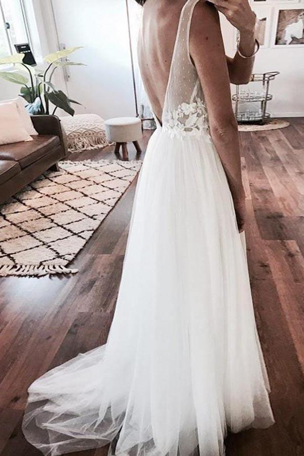 Tulle Beach Lace Applique See Through Wedding Dress