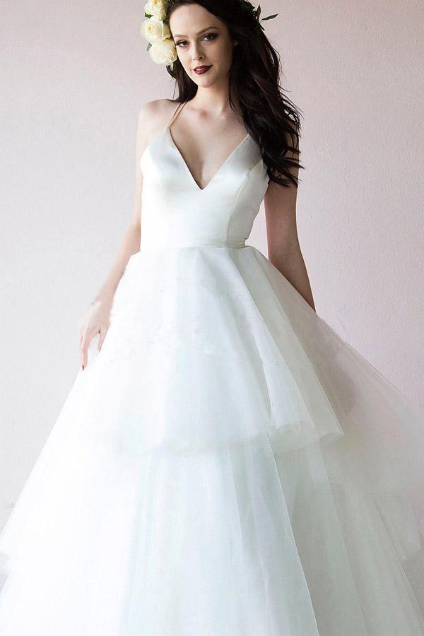 Classic Straps V Neck Ivory Long Bridal Gown Wedding Dresses