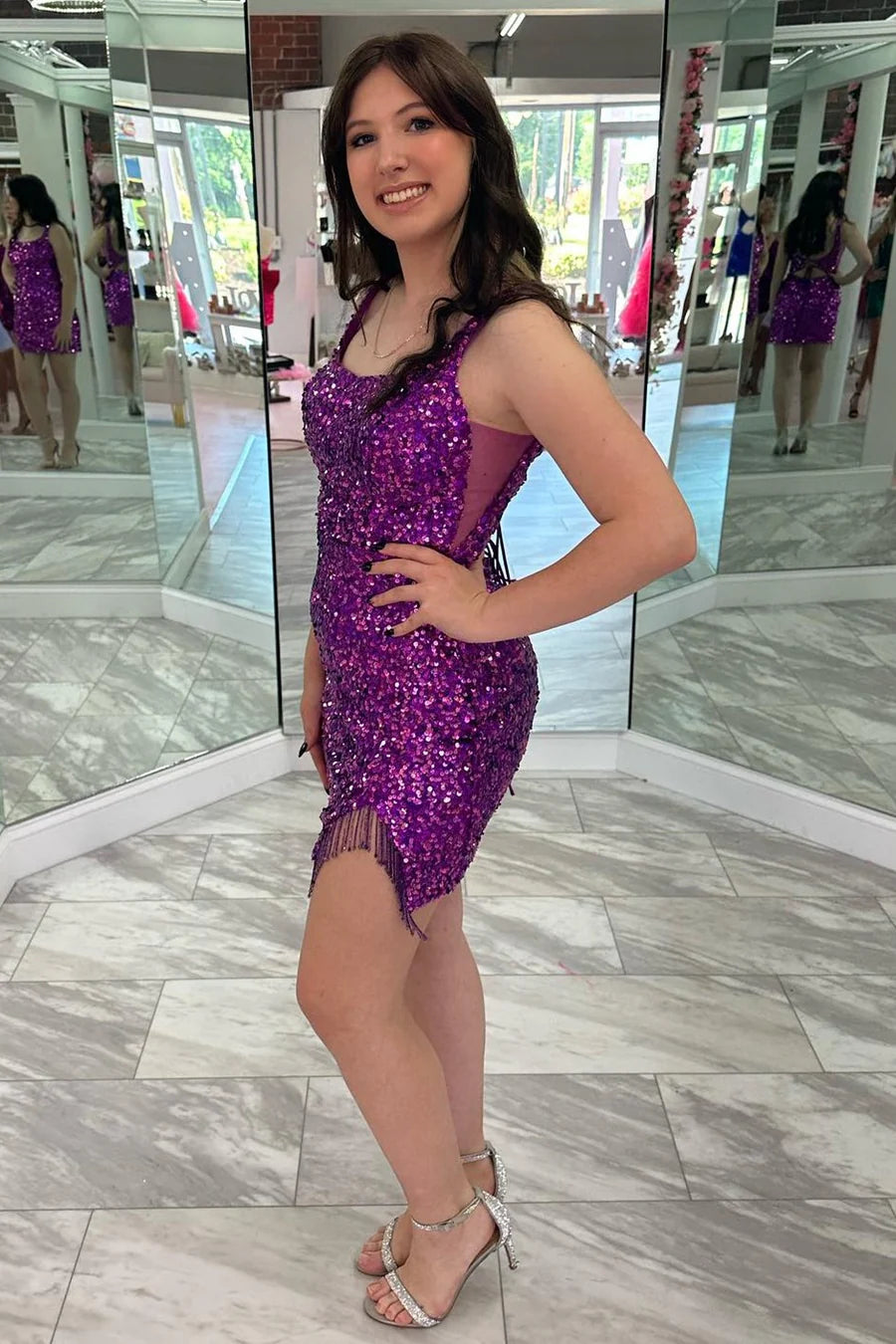 Sequin Scoop Neck Short Dress with Tassels