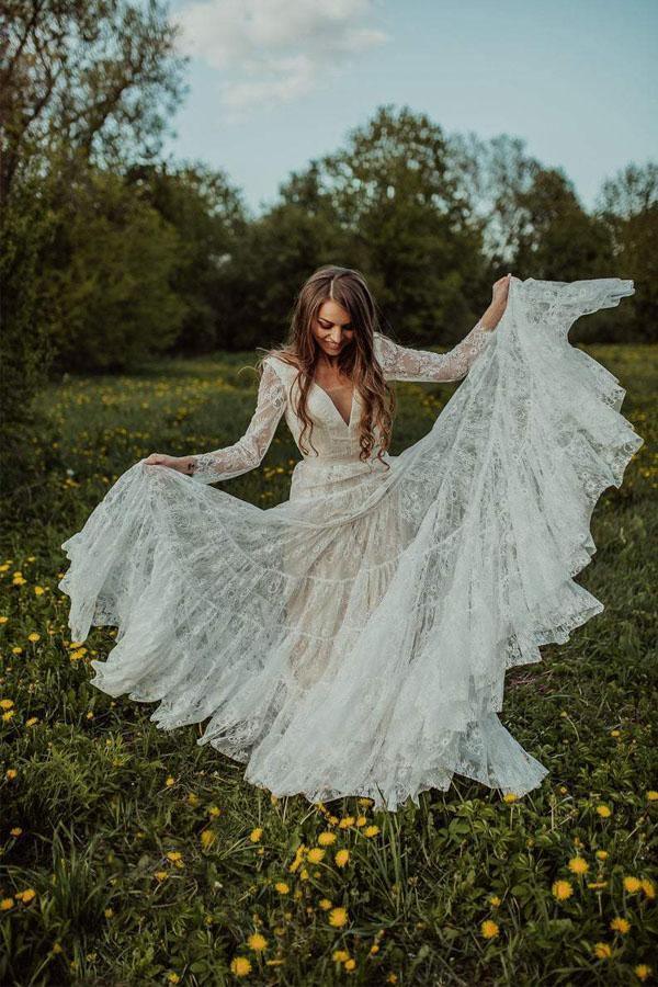Deep V Neck Boho Wedding Dress Long Sleeve Rustic Wedding Dress