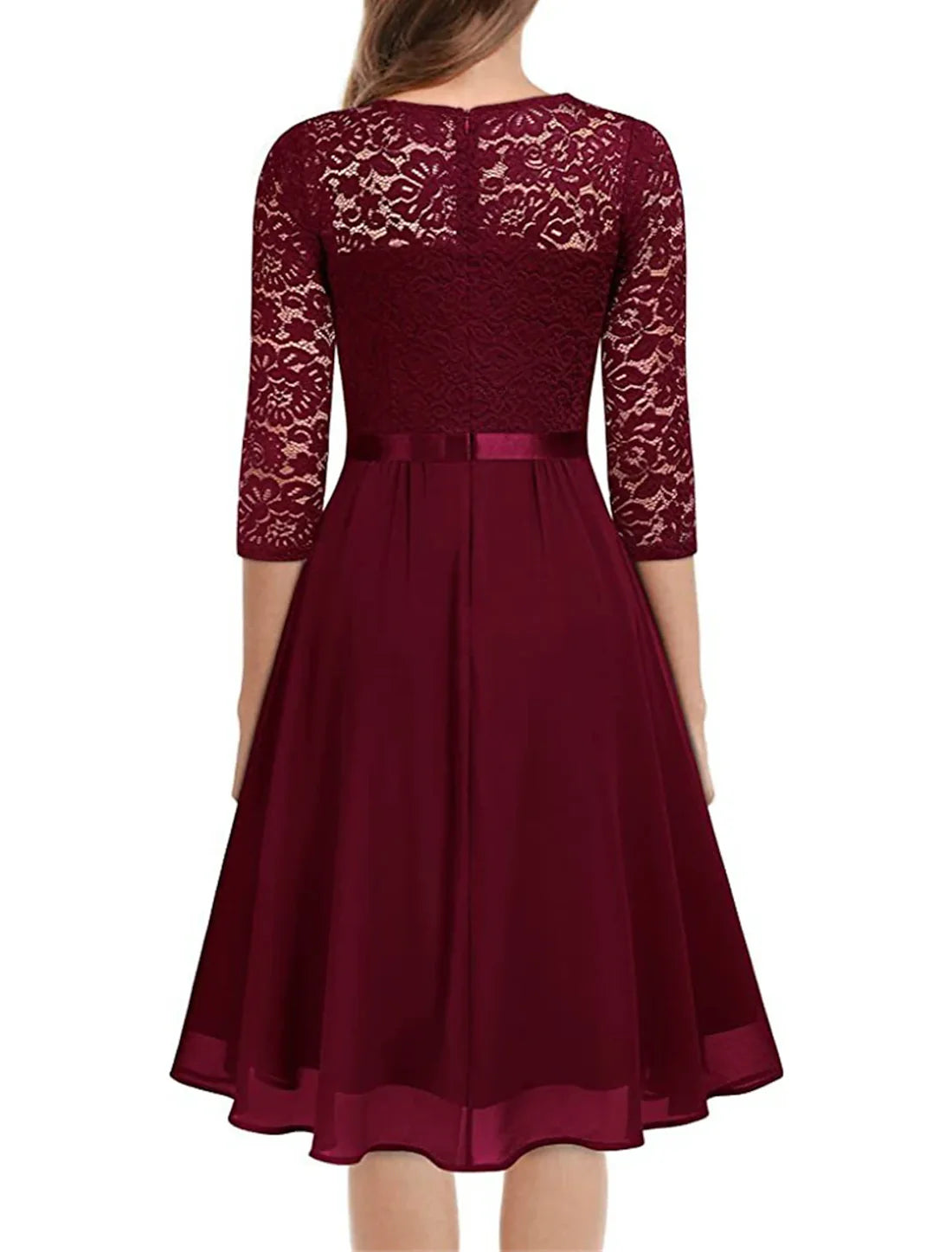 Party Dress Lace Dress Cocktail Dress Midi Dress Wine Half Sleeve Pure Color Lace Spring Fall Winter V Neck Elegant Wedding Guest Birthday
