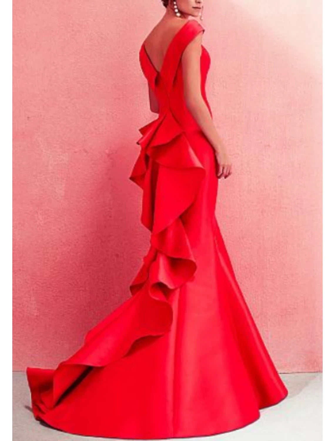 Sheath Mermaid Red Formal Evening Dress Short Sleeve Floor Length Off the Shoulder Party Dress with Ruffles Draping