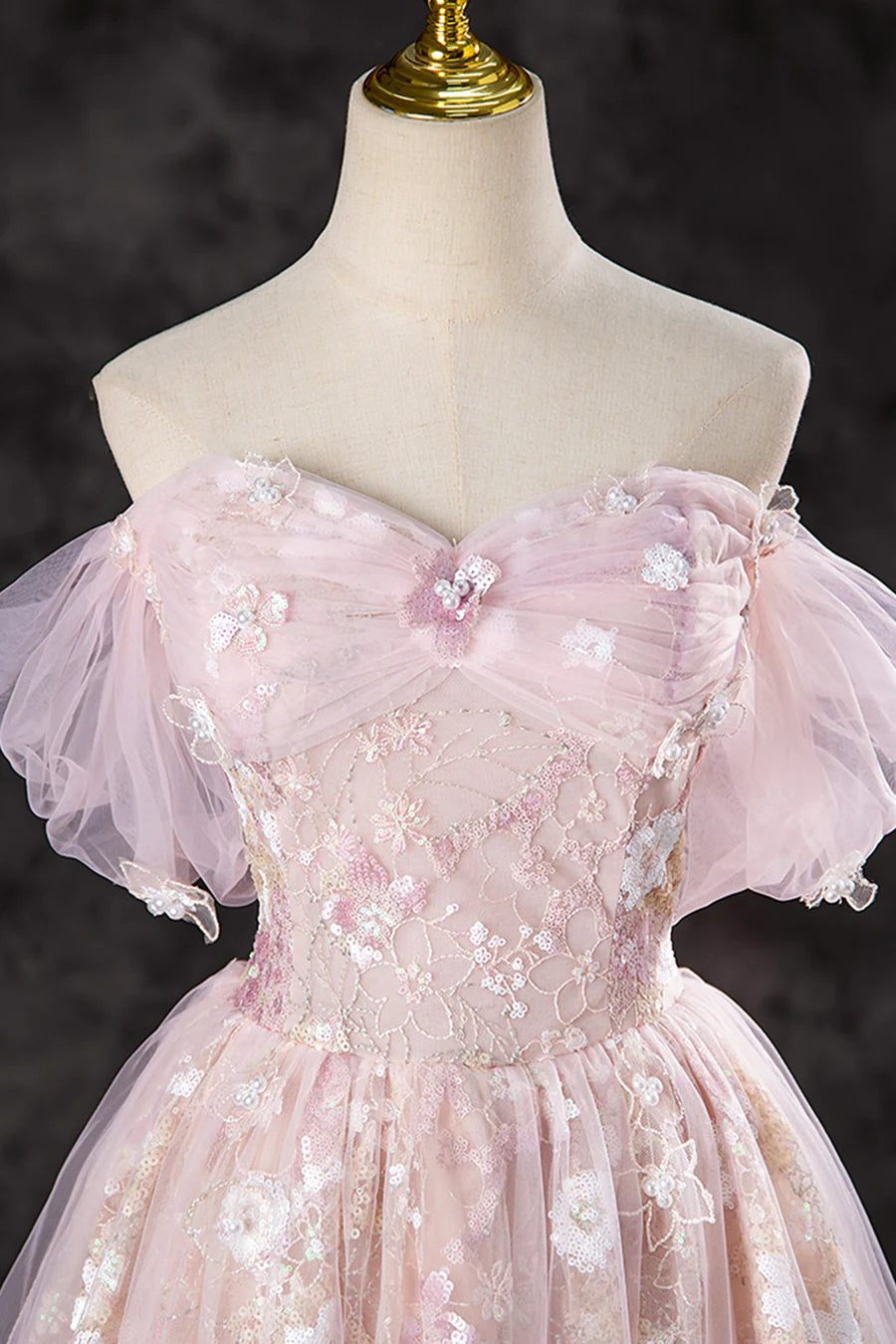 Ball Gown A-Line Off the Shoulder Tulle Sequins Floor Length Prom Dress Evening Party Dress