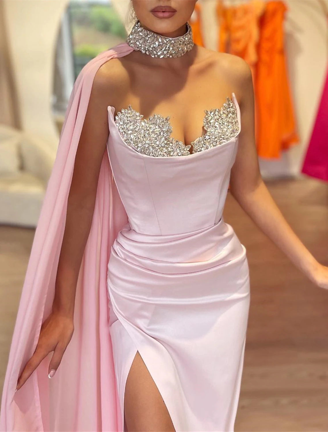 Sheath Mermaid Black Dress Sweep / Brush Evening Gown Sleeveless Strapless Capes Satin Ruched Prom Dress with Rhinestone /Slit