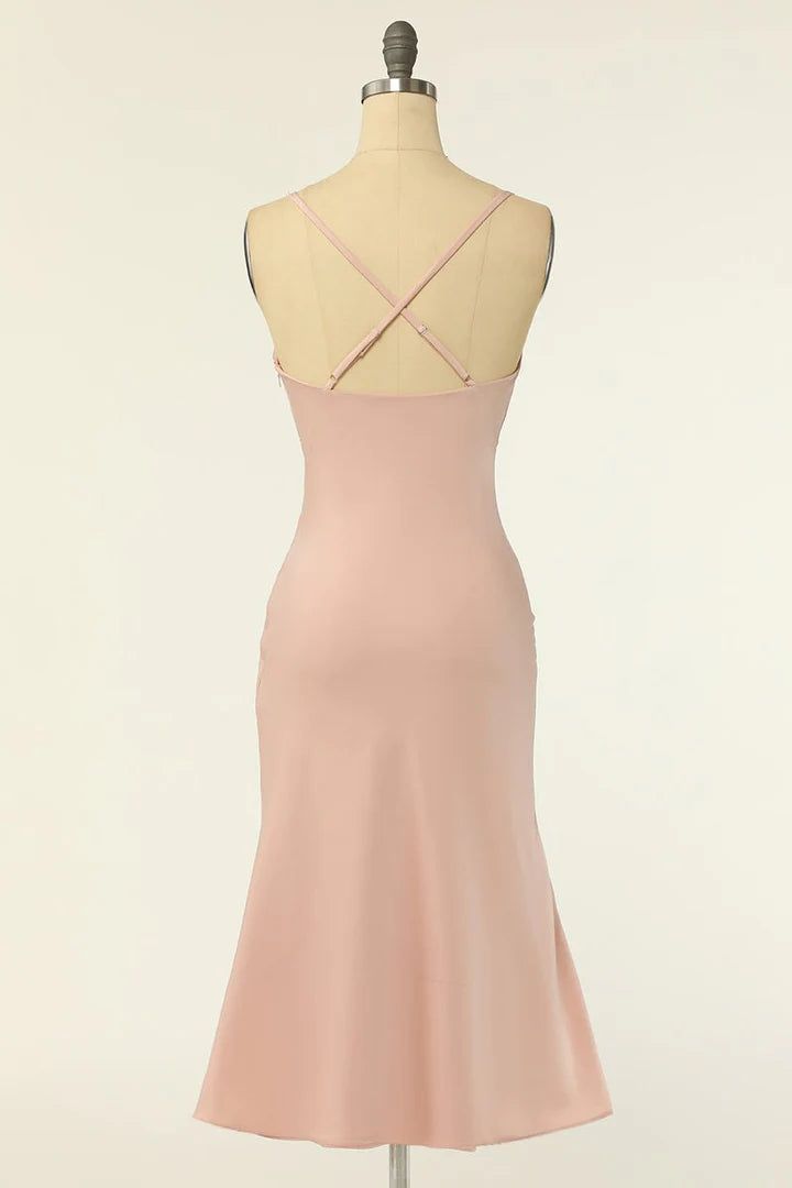 Blush Cowl Neck Short Back Cross Mermaid Bridesmaid Dress