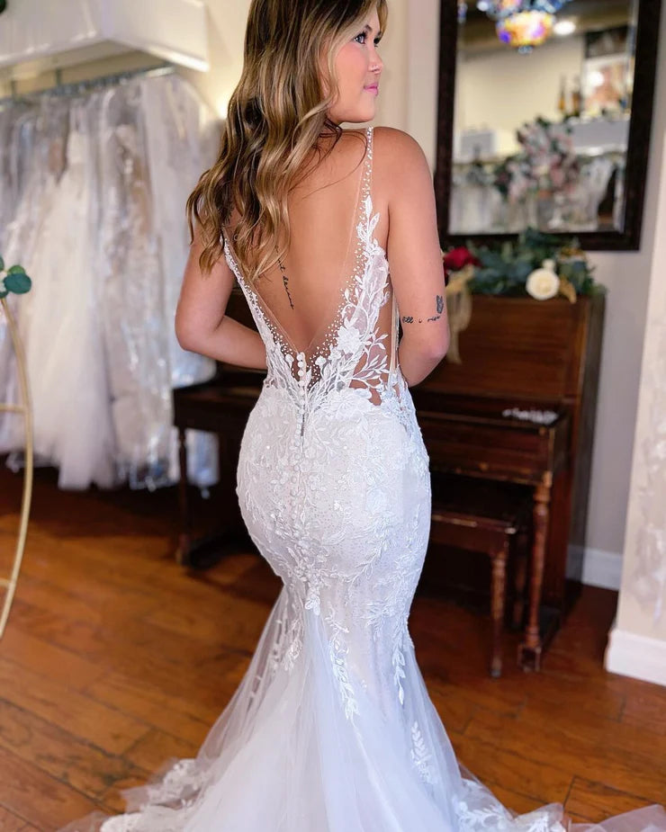 Elegant Mermaid Deep V Neck Backless Lace Mopping The Floor Wedding Dresses with Beading