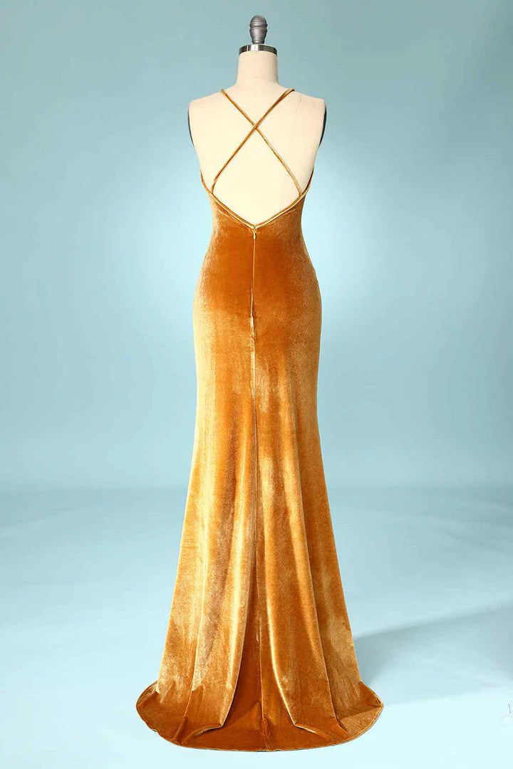Gold Velvet V-Neck Cross-Back Slim-fit Mermaid Bridesmaid Dress