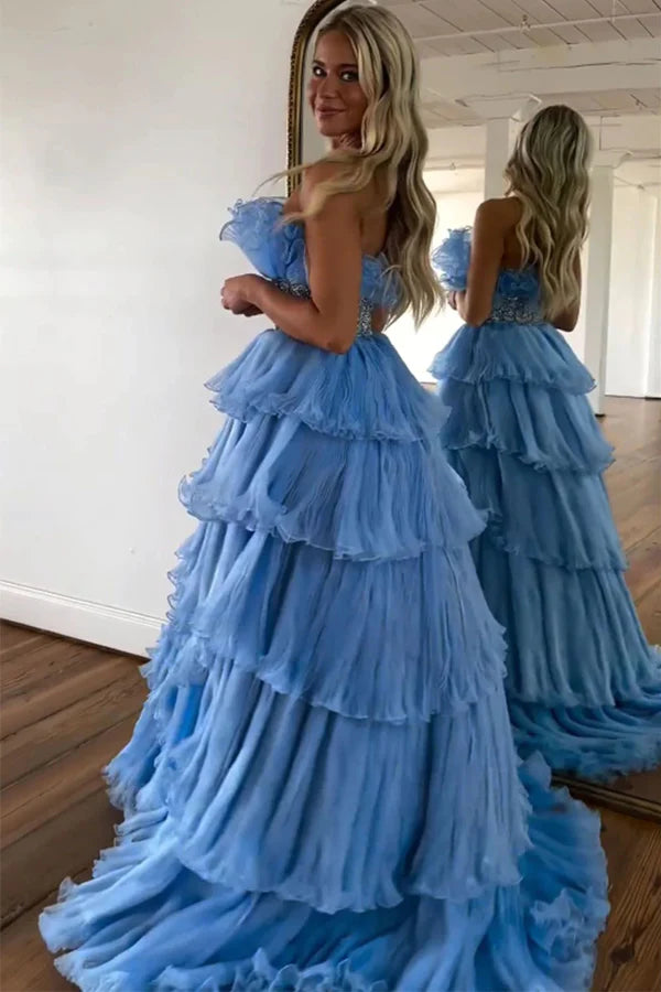 Strapless A-Line Long Tiered Prom Dress With Belt