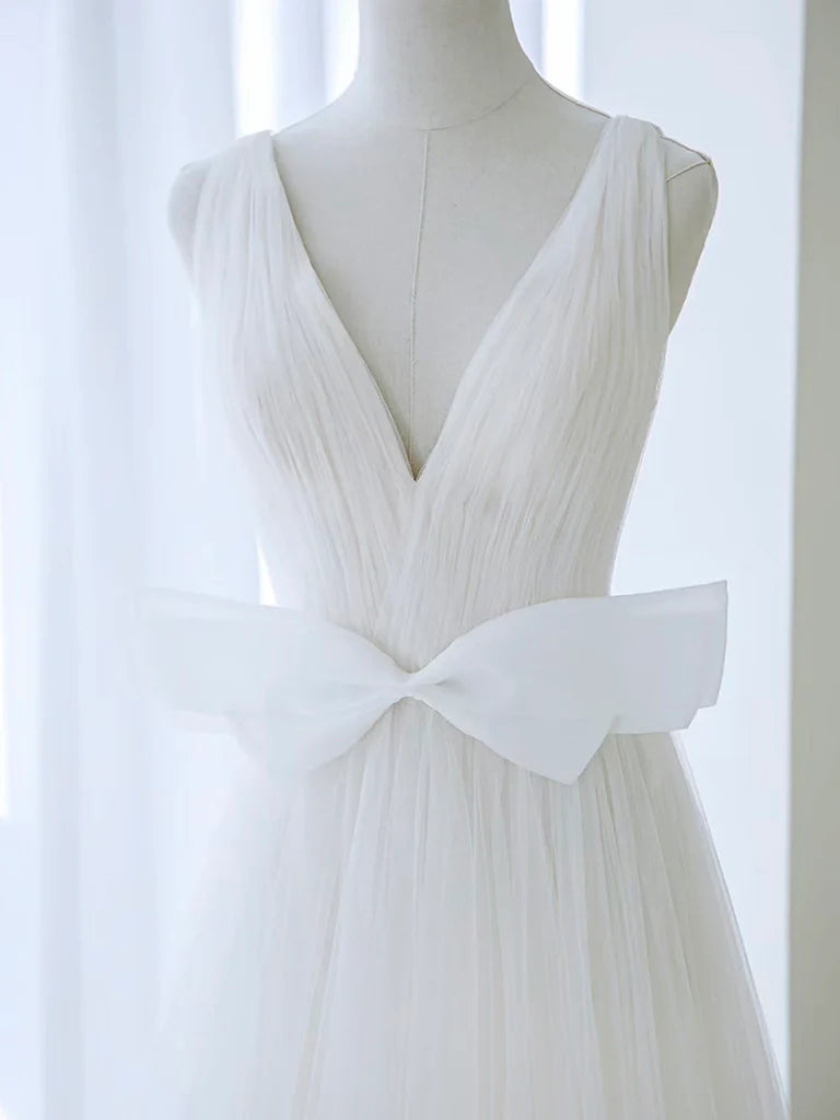 Wedding Dress A-Line V Neck Atmosphere Tulle with Bow Fantastic Long Dress
