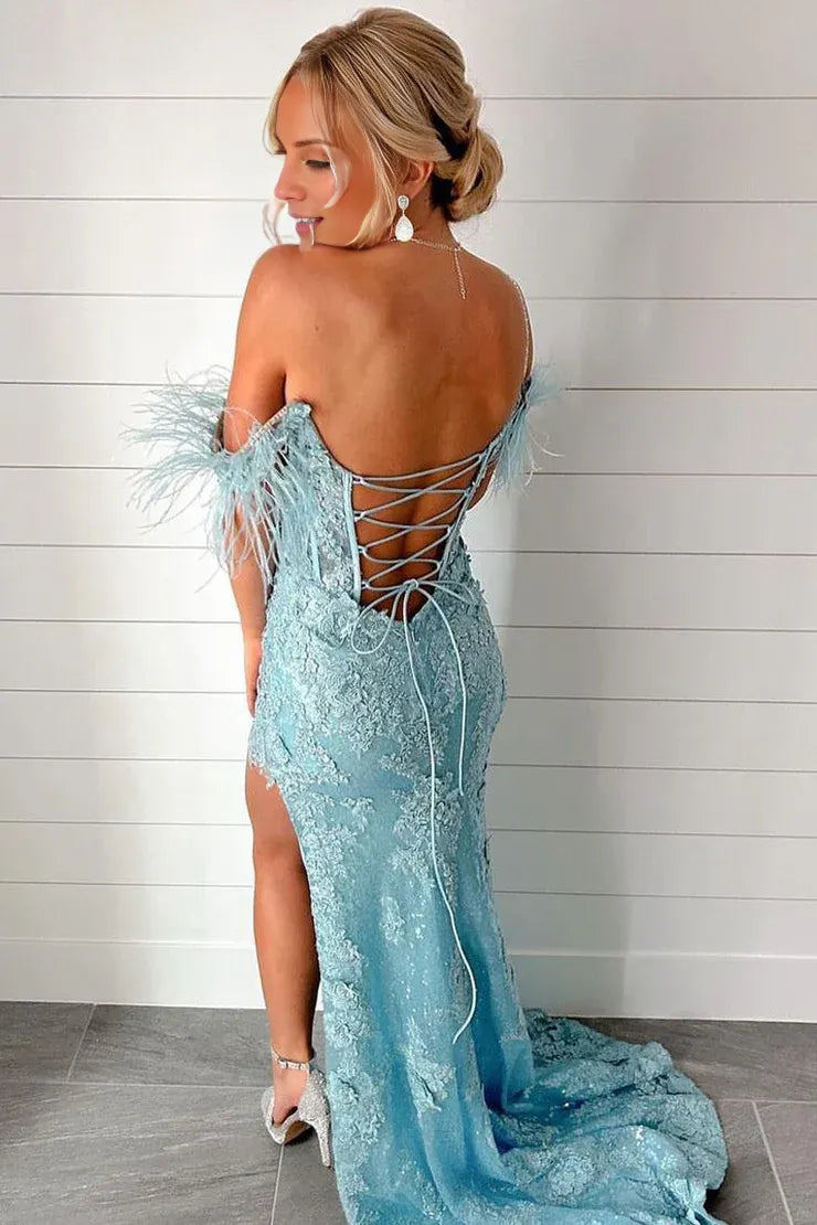 Chic Mermaid Scoop Neck Blue Off-the-Shoulder Sequins Lace Long Prom Dresses with Side Slit