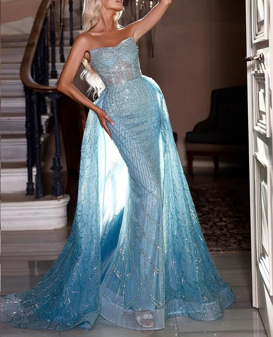 Sheath Mermaid Sweep/Brush Train Dresses Strapless Sleek Glitter Sparking Sequins Long Prom Dress Pleated