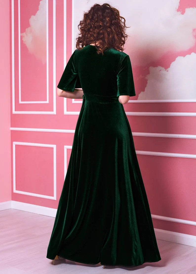 Wrap maxi Velvet Dress V Neck Flutter Sleeves Formal Wear Dresses Wedding Guest Dress Evening Dress