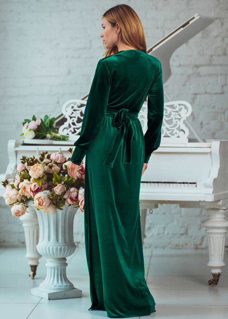 Wrap Longuette Velvet Dress V Neck Long Sleeves Formal Wear Dresses Wedding Guest Dress Evening Dress