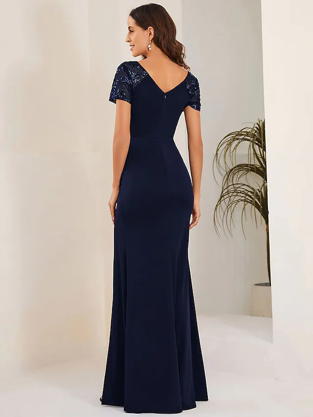 Wedding Guest Dresses Elegant Dress Formal Floor Length Short Sleeve V Neck Stretch Fabric with Crystals Slit