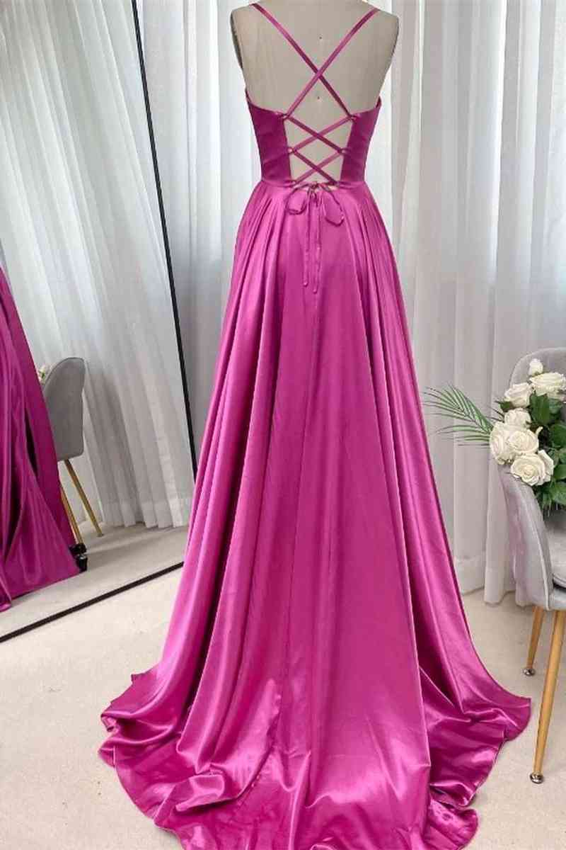A-Line Long Spaghetti Straps Sweep/Brush Train Dresses Fuchsia Ruched Prom Dress