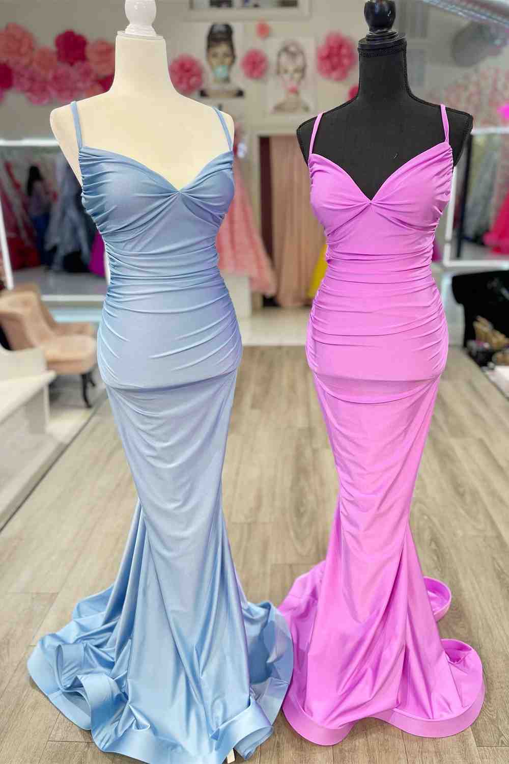 Sheath Mermaid V-Neck Sweep/Brush Train Dresses Pleated Satin Long Prom Dress with Spaghetti Straps