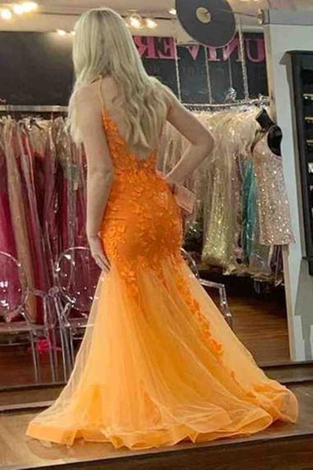Sheath Mermaid V Neck Sweep/Brush Train Dresses Tulle Applique Backless Long Prom Dress