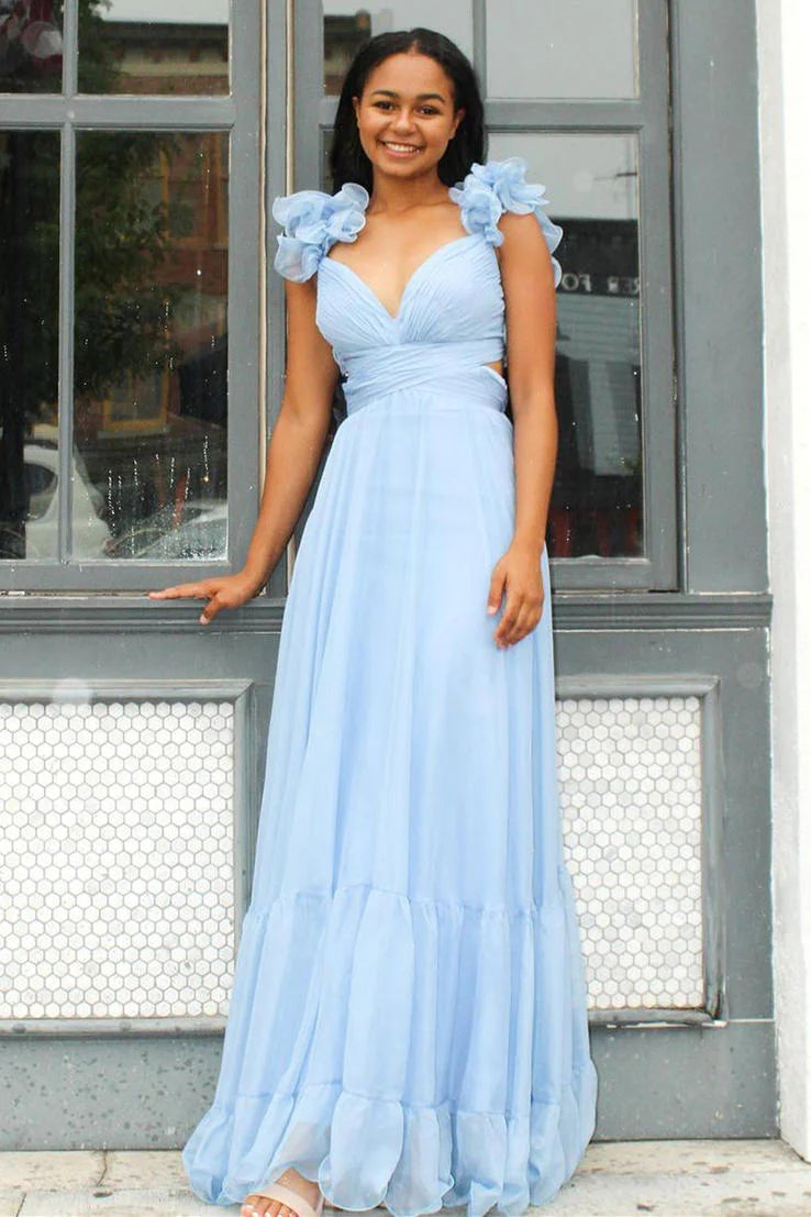 Floor Length Lace-Up Fuchsia V-Neck Ruffle Pleated Long Prom Dress