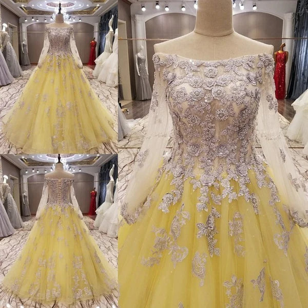 Yellow Evening Ball Gown Long Sleeve Sweep/Brush Train Scoop Neck Long Formal Prom Dress