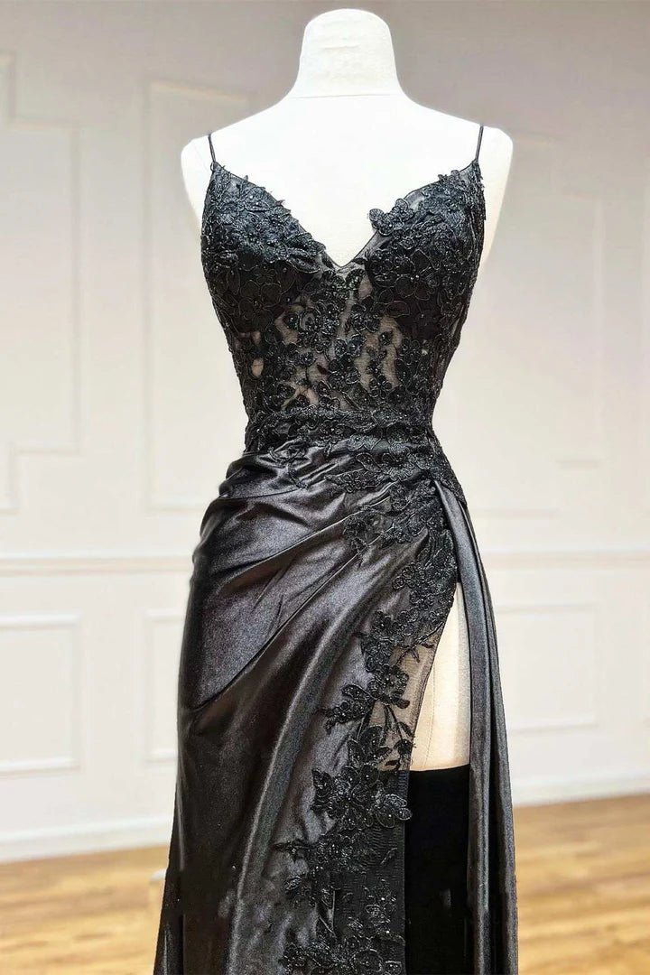 Appliques V-Neck Lace-Up Prom Gown with Slit