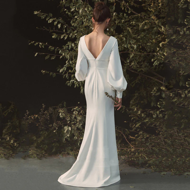 New Pattern Wedding Dress V Neck Long Sleeves Elegant Simple Formal Dresses