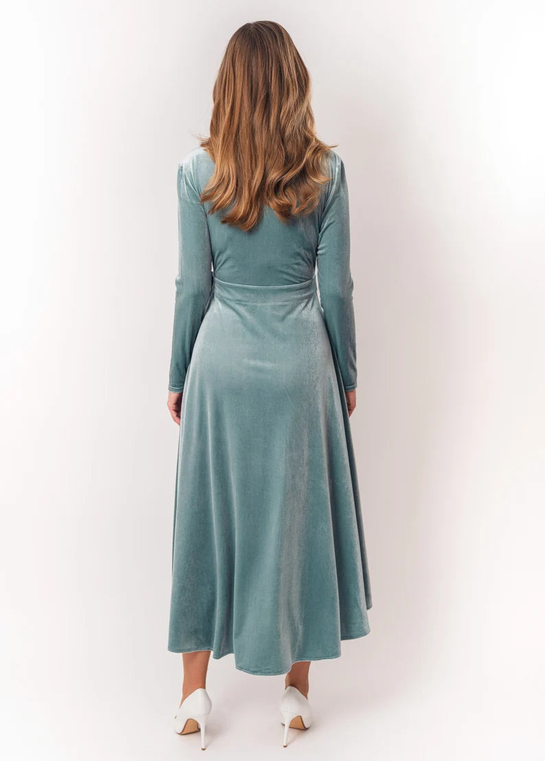 Wrap oneself up Velvet Dress Deep V Neck Long Sleeves Asymmetric Formal Wear Dresses Wedding Guest Dress Evening Dress