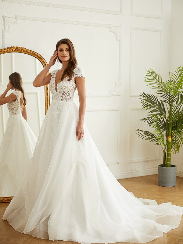 A-Line/Princess Organza Lace Low V-neck Short Sleeves Court Train Wedding Dresses