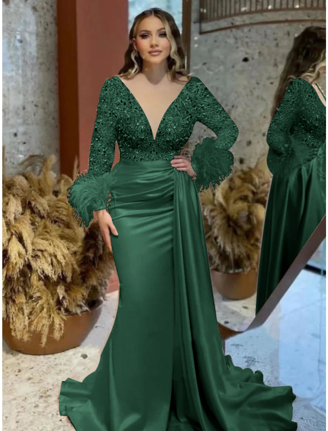 Sheath Trumpet Mermaid Formal Wedding Court Train V Neck Long Sleeve Satin Prom Dress with Feather Glitter Ruched