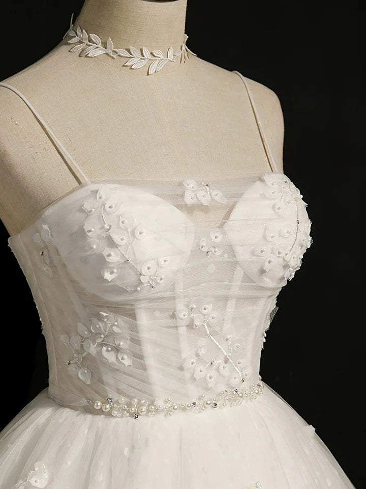 Sweet Heart-shaped collar Tulle White Polka Dots Lace Spaghetti Strap Short Prom Dress lovely Homecoming Dress
