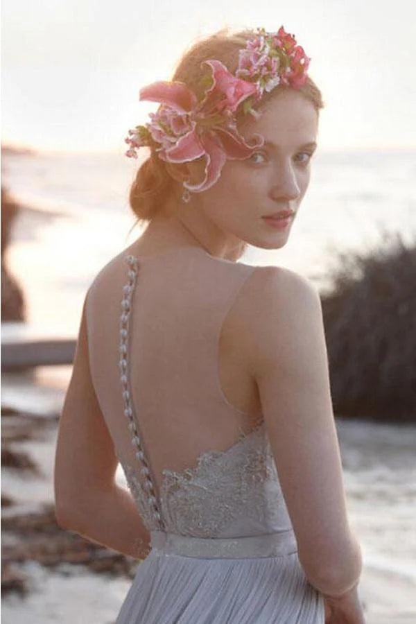 Illusion Neckline Sheer Back Beach Lace Chiffon Wedding Dress