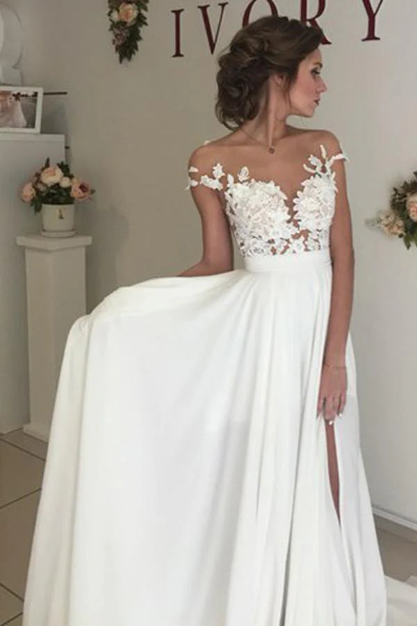 V-neck Cap Sleeves Sweep Train Wedding Dress with Appliques