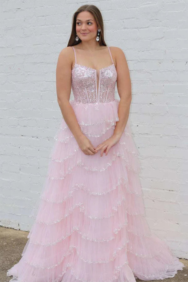A-line Straps Plunging Neck Sequin Lace Prom Dresses