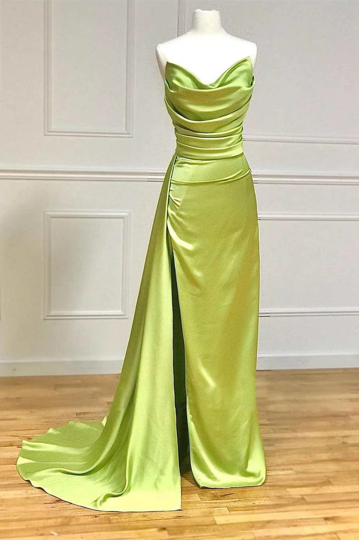 Satin Strapless Ruched Long Formal Gown with Slit