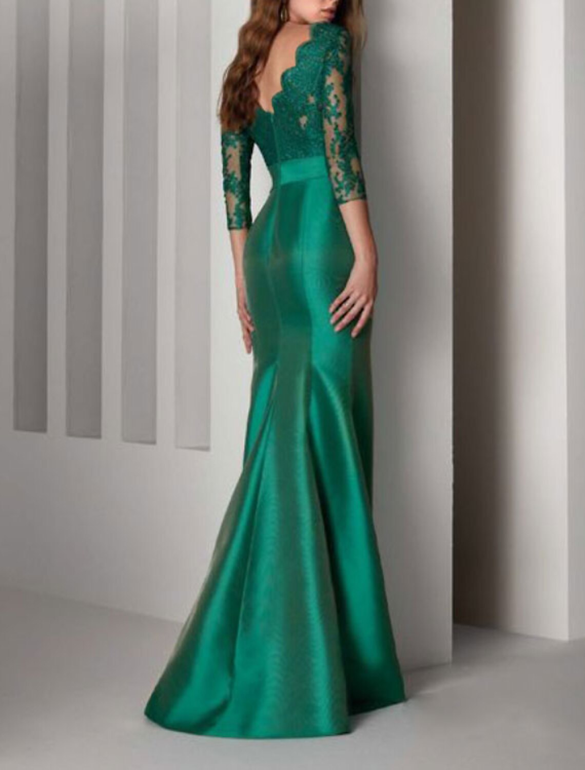 Sheath Mermaid 3/4 Length Sleeve V Back Formal Evening Dress Scalloped Neckline Floor Length Lace Prom Dress with Sash / Ribbon Embroidery