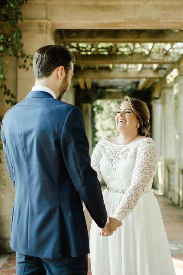 Lace Top Chiffon Plus Size Wedding Dresses with Long Sleeves