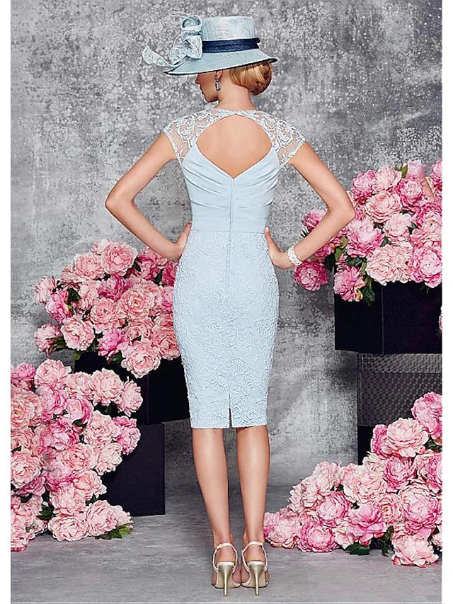 Two Piece Sheath / Column Mother of the Bride Dress Wedding Guest Neck Knee Length Satin Lace Half Sleeve Short Jacket Dresses with Lace Split Front Crystal Brooch