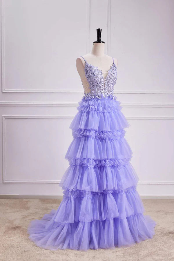 Plunging V Neck Floral Layers A-line Long Prom Dress
