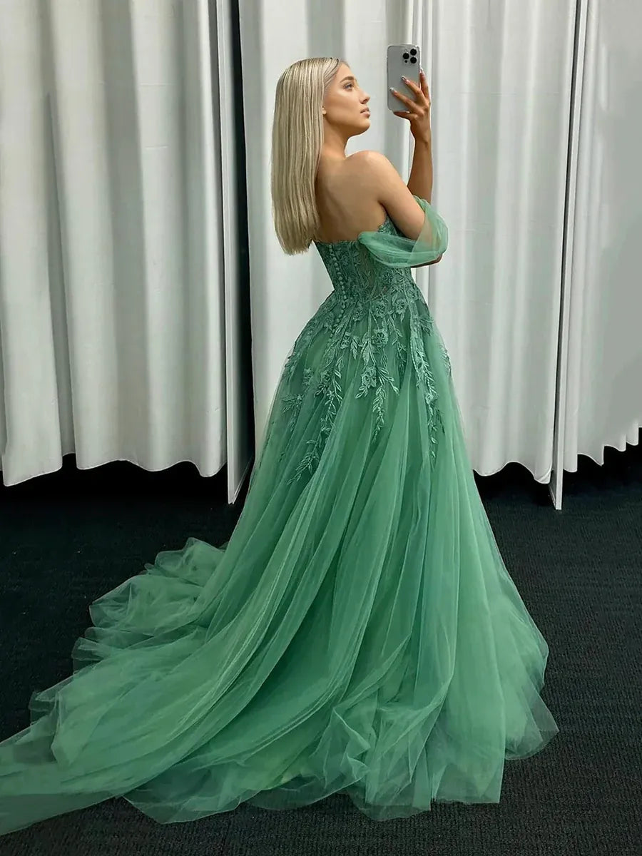 A-Line Off the Shoulder Evening Party Dress Sweep/Brush Train Green Tulle Lace Long Prom Dress With Appliques