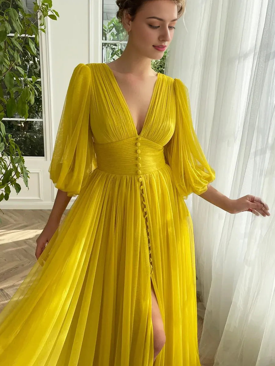 A-line Yellow V-Neck Chiffon Half Sleeve Party Dress Long Prom Dress